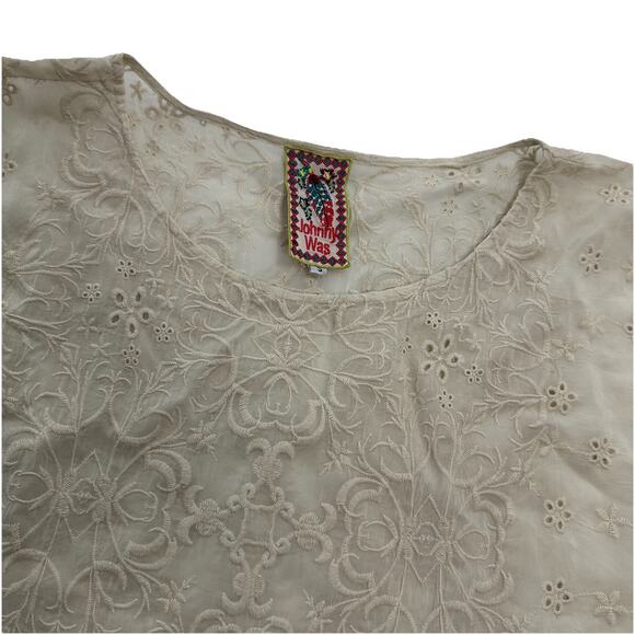 Johnny Was Embroidered Blouse Top Womens Small Beige Boxy Boho Cottagecore - Picture 2 of 14